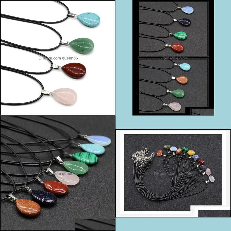 flat stone crystal quartz opal teardrop pendant & necklace leather chains for men women fashion jewelry