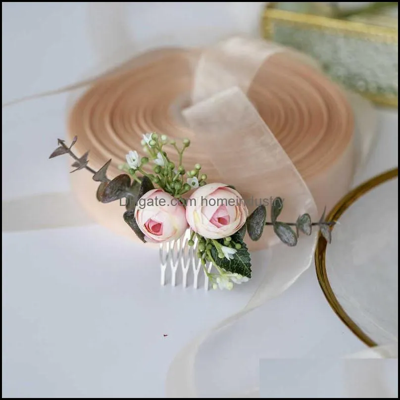 handmade greenery hair comb bride head piece pink flower and leaf headwear for wedding ceremony