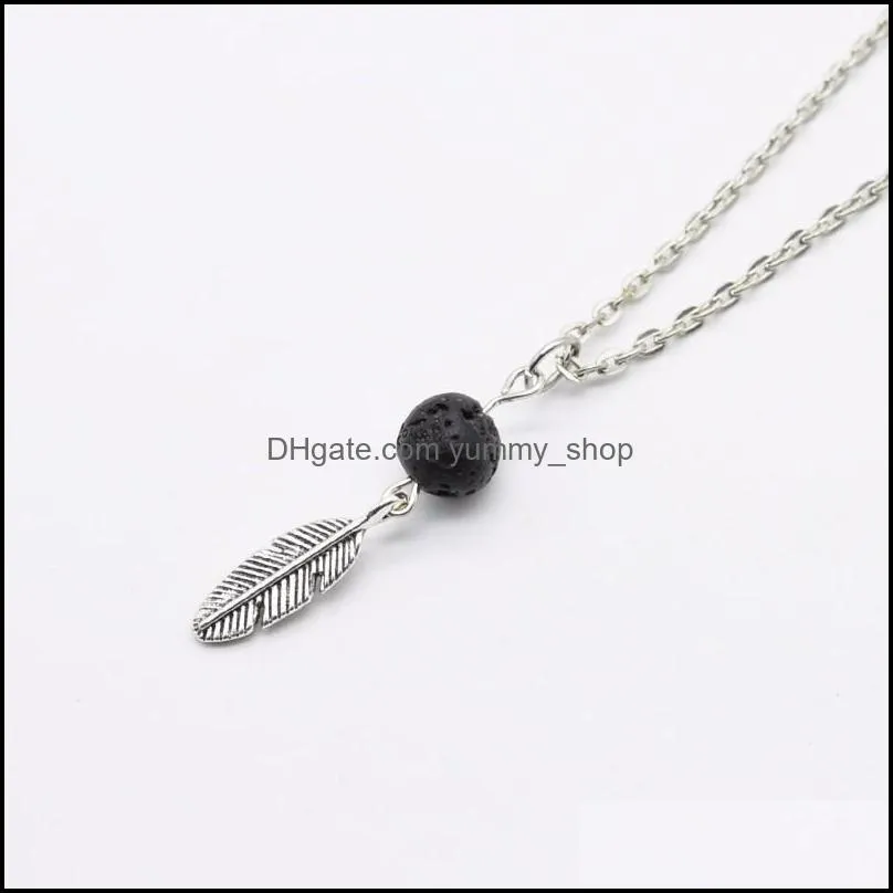 black lava stone feather pendant necklace aromatherapy  oil perfume diffuser necklaces for women jewelry