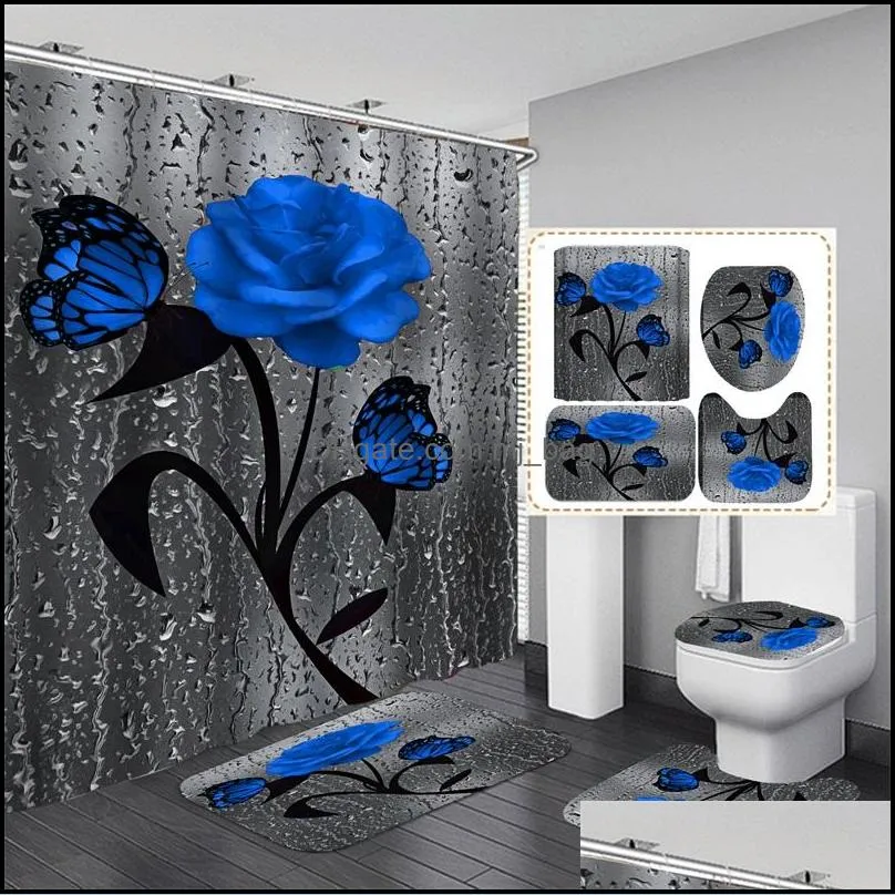 floral bath mat and 180x180cm shower curtain set shower curtain with hooks bath rugs anti skid bathroom carpet toilet foot pad bath mat 1229