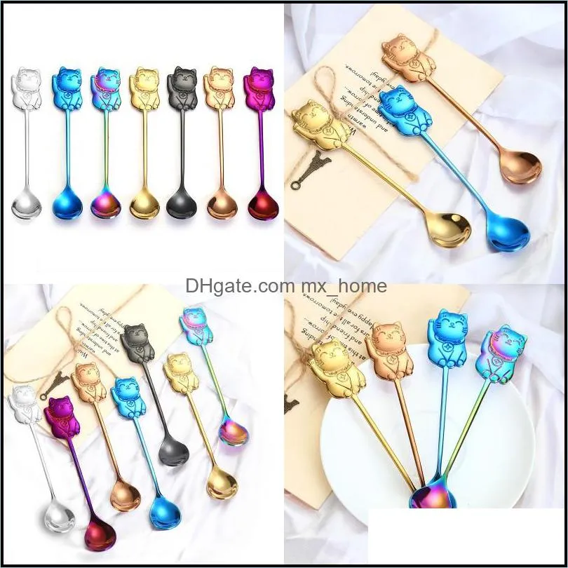 304 stainless steel dessert spoon money cat modeling ice cream spoons bar blue black coffee stir tableware 4 2xs l1