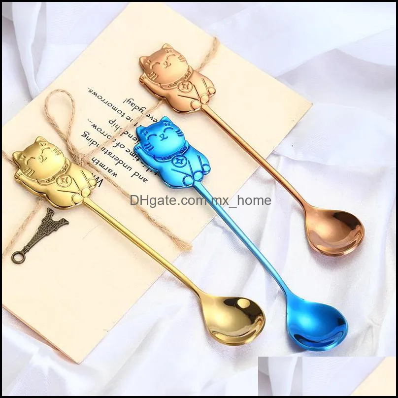 304 stainless steel dessert spoon money cat modeling ice cream spoons bar blue black coffee stir tableware 4 2xs l1