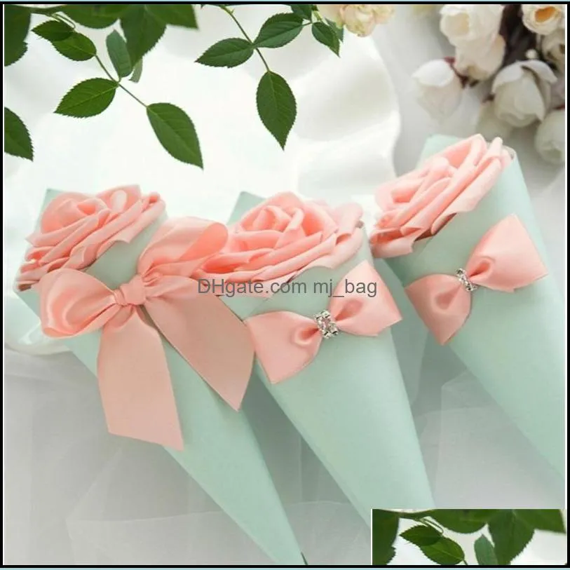 22cm bow flower cone paper rhinestone candy box decoration creative wedding party favors gift case ornament flowers 1xya g2