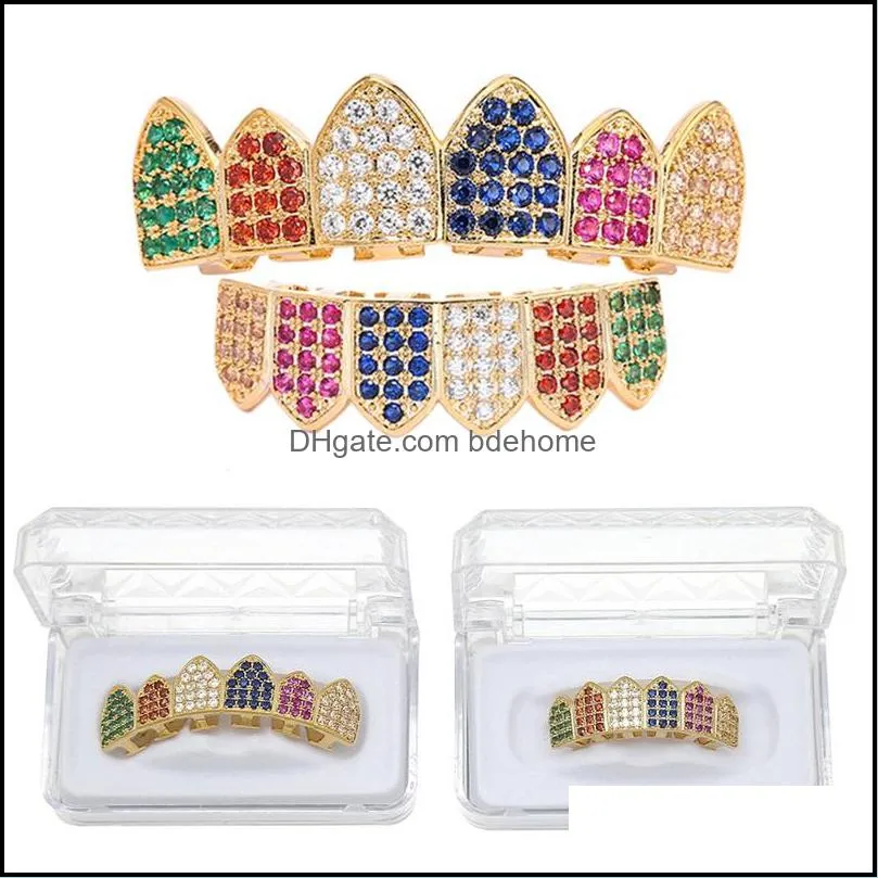 hip hop colourful teeth grills top bottom iced out bling grillz dental shiny mouth teeth caps party vampire tooth rock jewelry 303c3