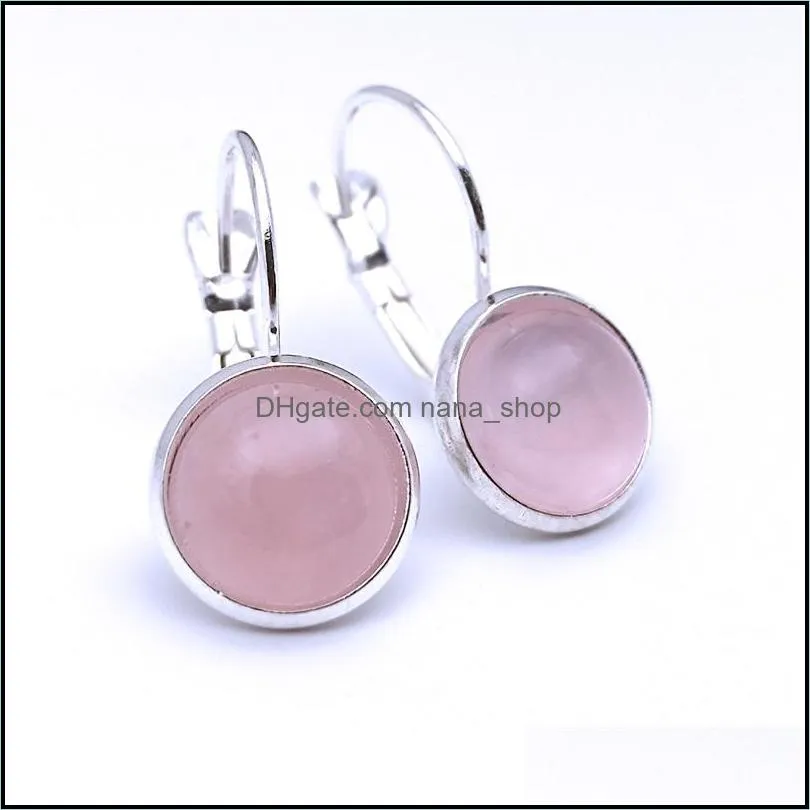 silver plated 10mm pink rose quartz healing crystal charms earrings geometric natural stone earring for women jewelry