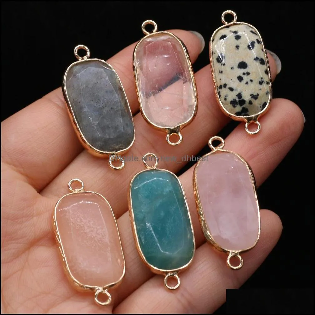 healing natural stone rectangle rose quartz faceted connector pendant double ear connectors for necklace bracelet jewelry making