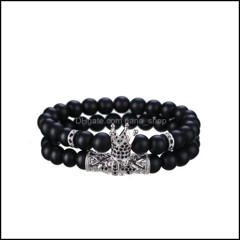 2 set bracelets - matte black onyx 8mm crown men and women tattoo personality friendship gift bracelet