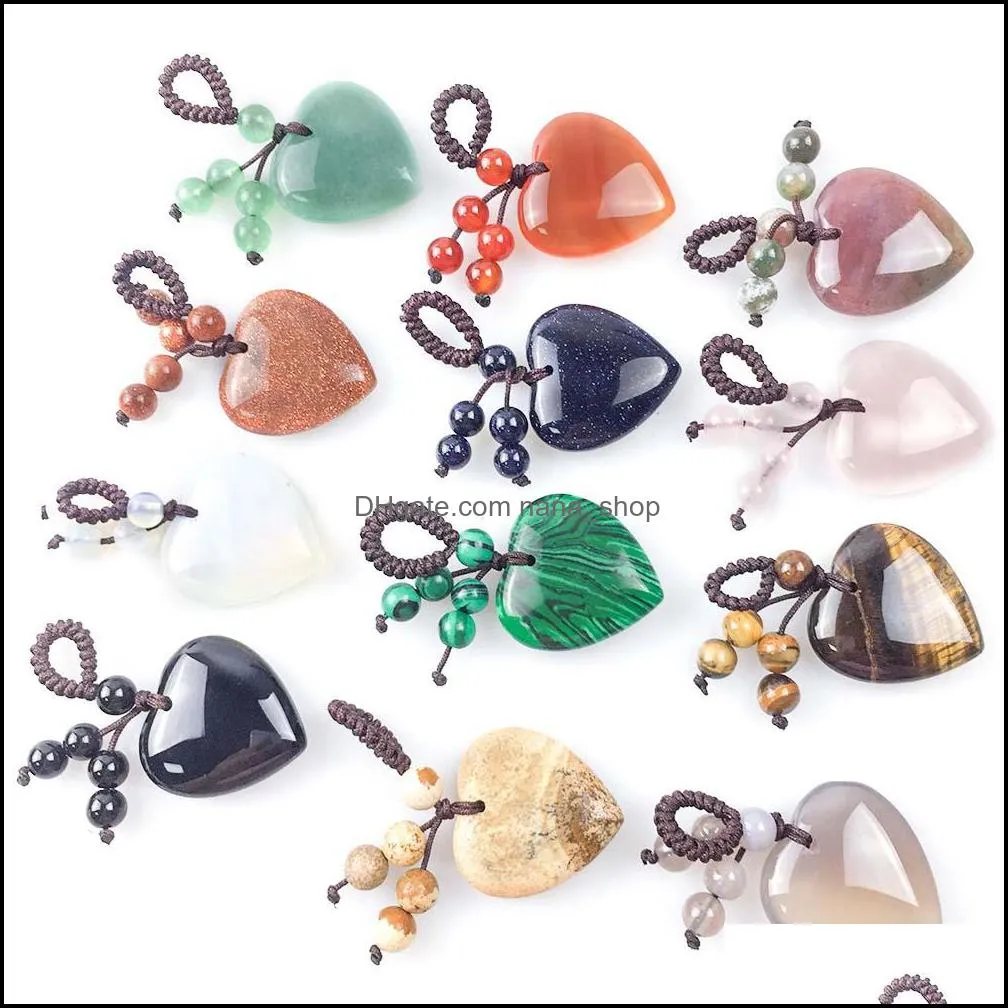 natural gemstone love crystal heart stone key pendant keychain healing gemstones beads chain ring