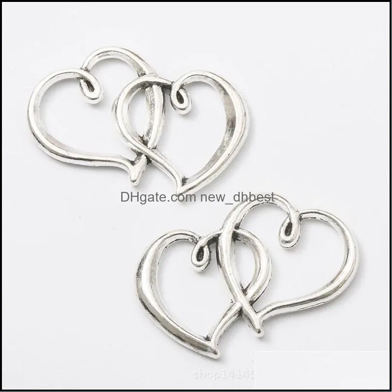 30x18mm 100pcs alloy double heart charms antique silver charms pendant for necklace jewelry making findings