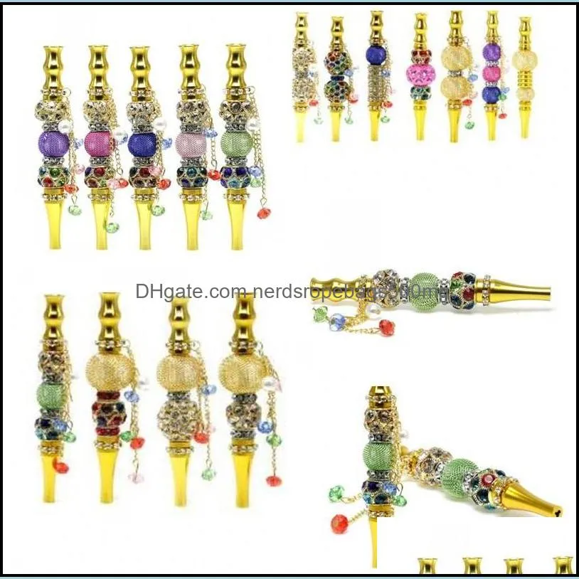 metal straight hookah shisha inlay beads rhinestone pendant cigarette holder multi color nozzle plated gold smoking pipes 14 5mt g2