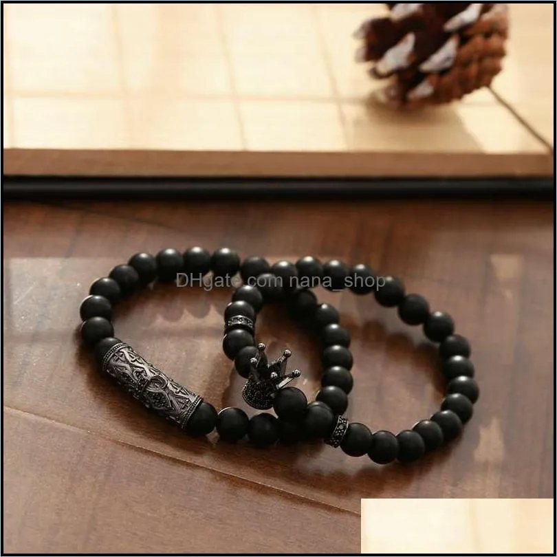 2 set bracelets - matte black onyx 8mm crown men and women tattoo personality friendship gift bracelet