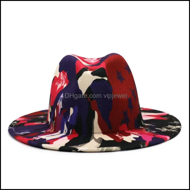 2021 colorful tie dye felt jazz hats women faux wool fedora hat wide brim panama style party formal chapeau gambler cap 855 r2