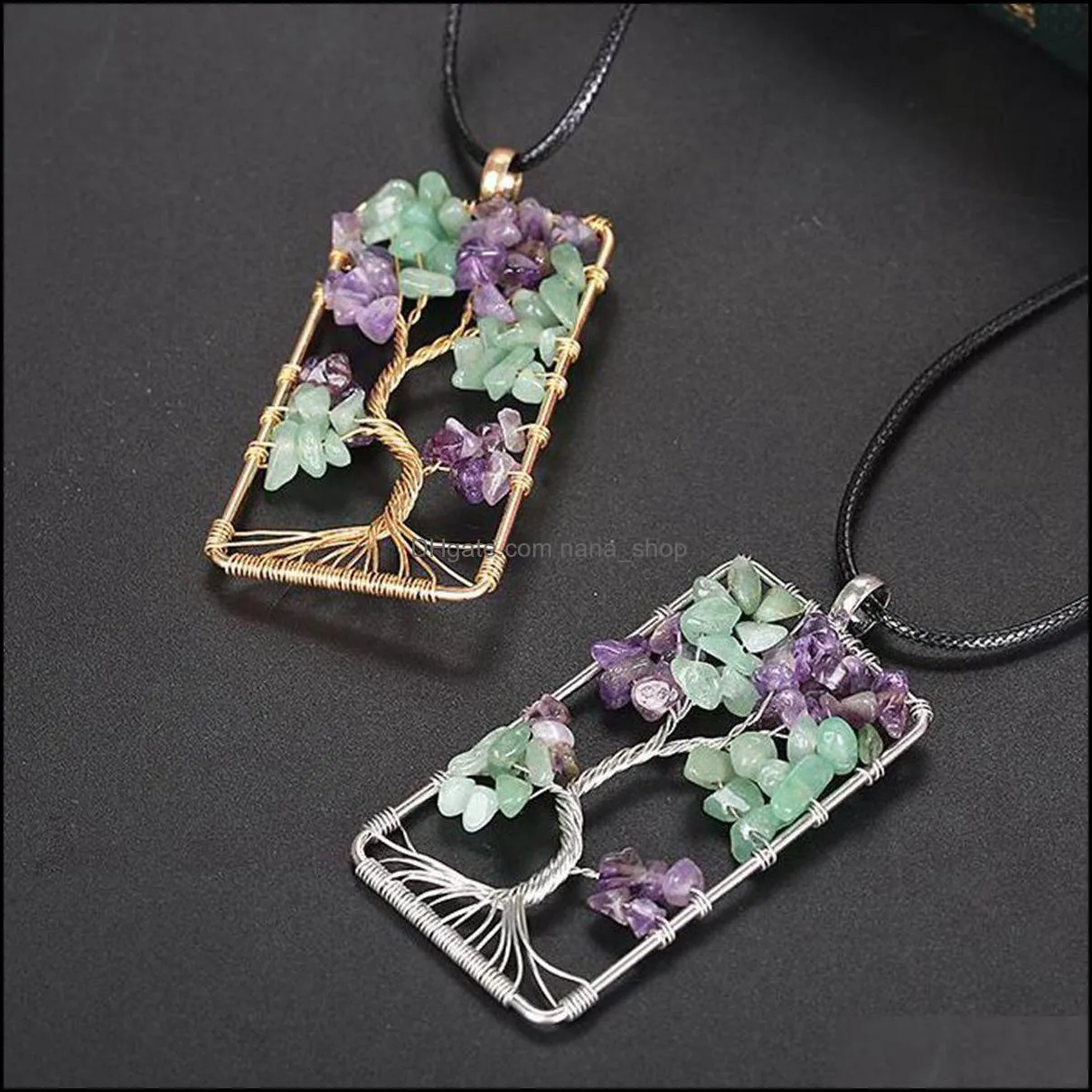 rectangle winding tree of life pendant necklace handmade amethyst+green aventurine stones chakra jewelry for women and men