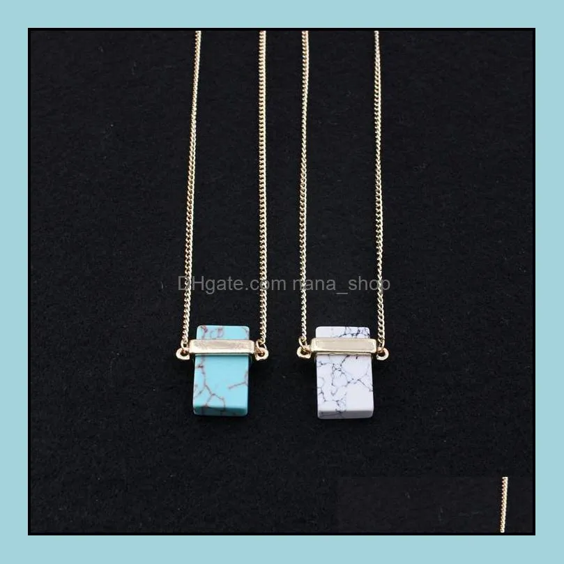 fashion rectangle natural stone gold plated blue pink quartz turquoise necklace long sweater necklaces for women jewelry gift