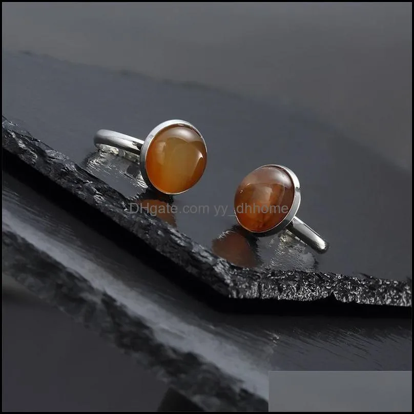 12mm stainless steel round natural stone ring tiger eye opal pink crystal adjustable rings for women pendientes jewelry c3