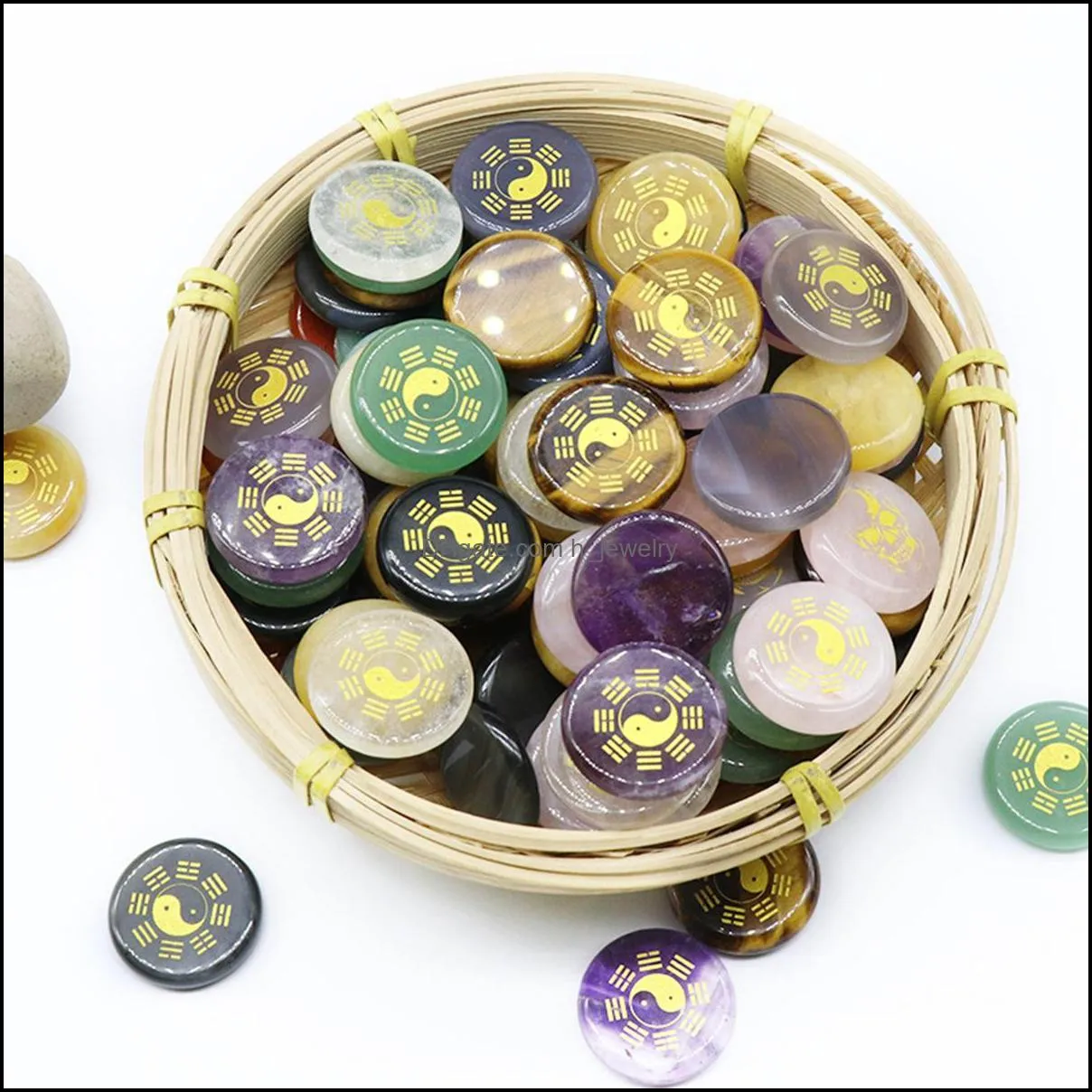 gold eight diagrams chakra gemstone round disc taiji semi precious stone palm worry thumbled therapy geometry healing coin reiki donut energy quartz