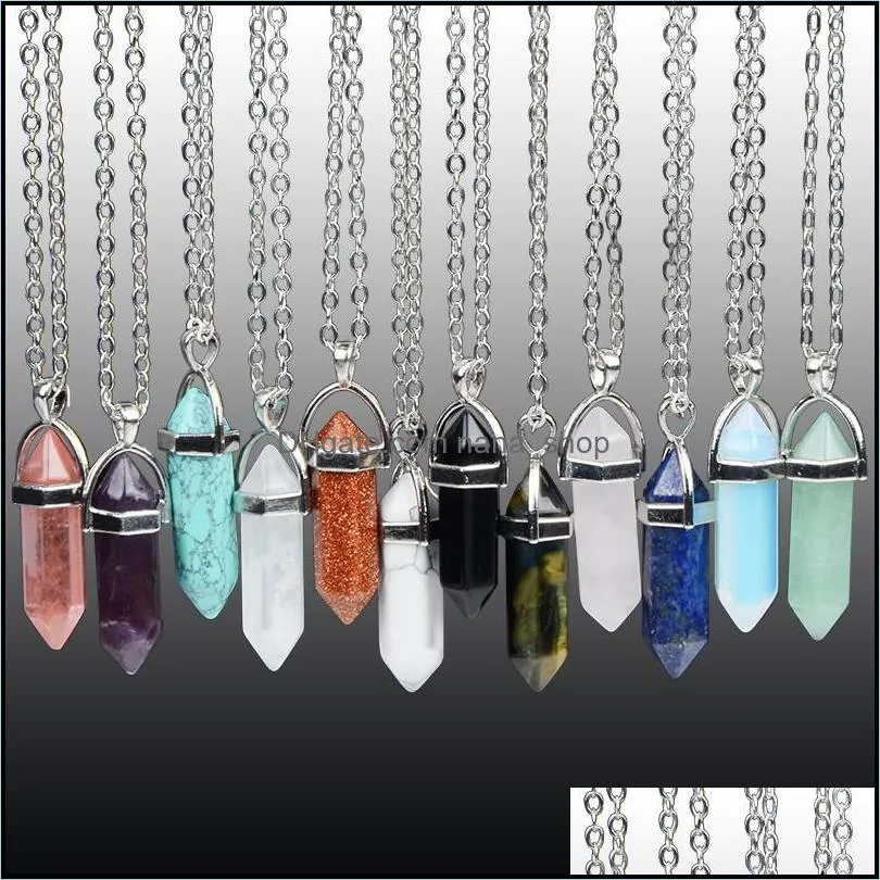 stainless steel chains hexagonal column crystal natural stone necklaces choker pendant necklace for women men fashion jewelry