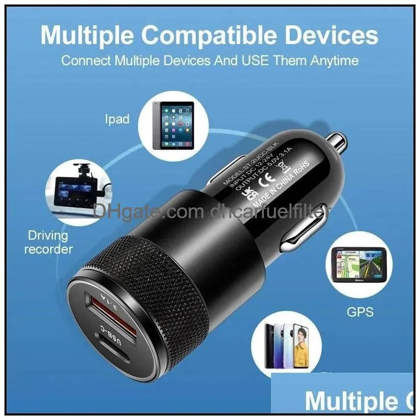 usb quick car  15w 3.1a type c pd fast charging phone car adapter for 13 12 11 pro max samsung  honor