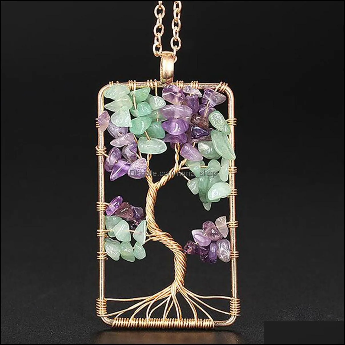 rectangle winding tree of life pendant necklace handmade amethyst+green aventurine stones chakra jewelry for women and men