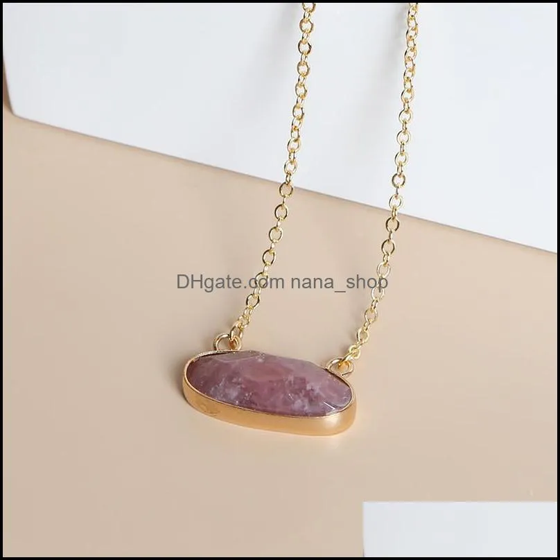 druzy crystal natural stone pendant necklace gold edge oval style amethyst rose quartz chakra healing jewelry for women