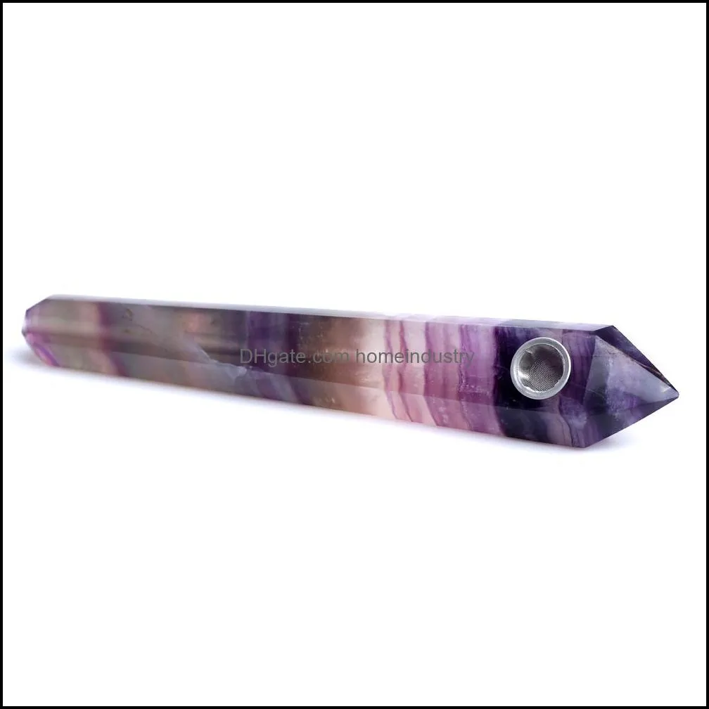 hjt whole 7-8 inches long rock stone rainbow fluorite quartz crystal smoking pipes for tobacco with 3 screens shippi303j