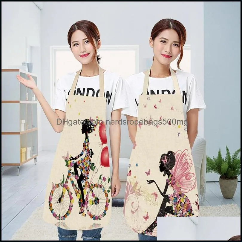 diy lady home pinafore kitchen cotton linen washable aprons flowers bicycle printed daidle lace up women cooking accessories