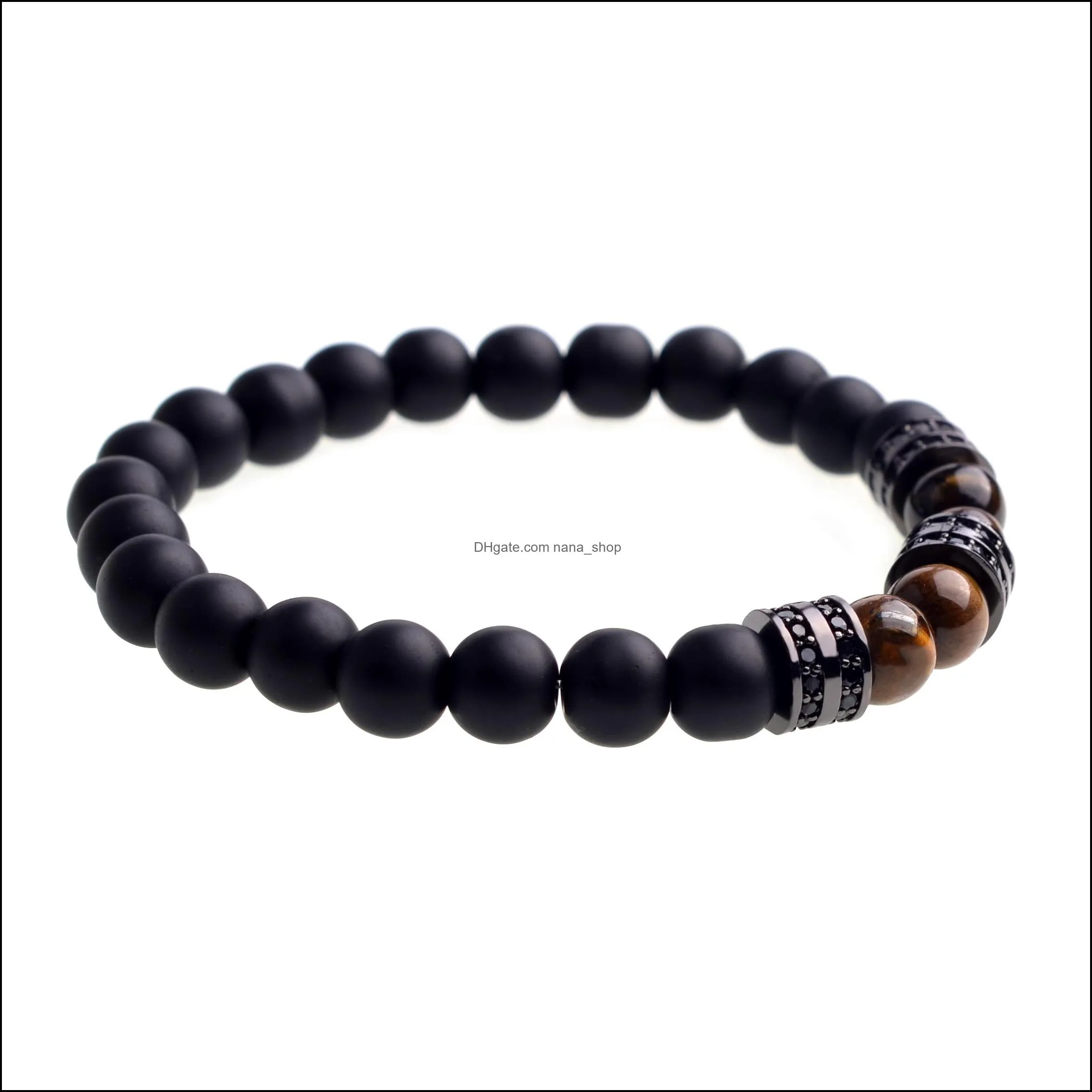 high quality factory sales cz alloy matte black onyx bracelet with 8mm round charm beads for men fashion