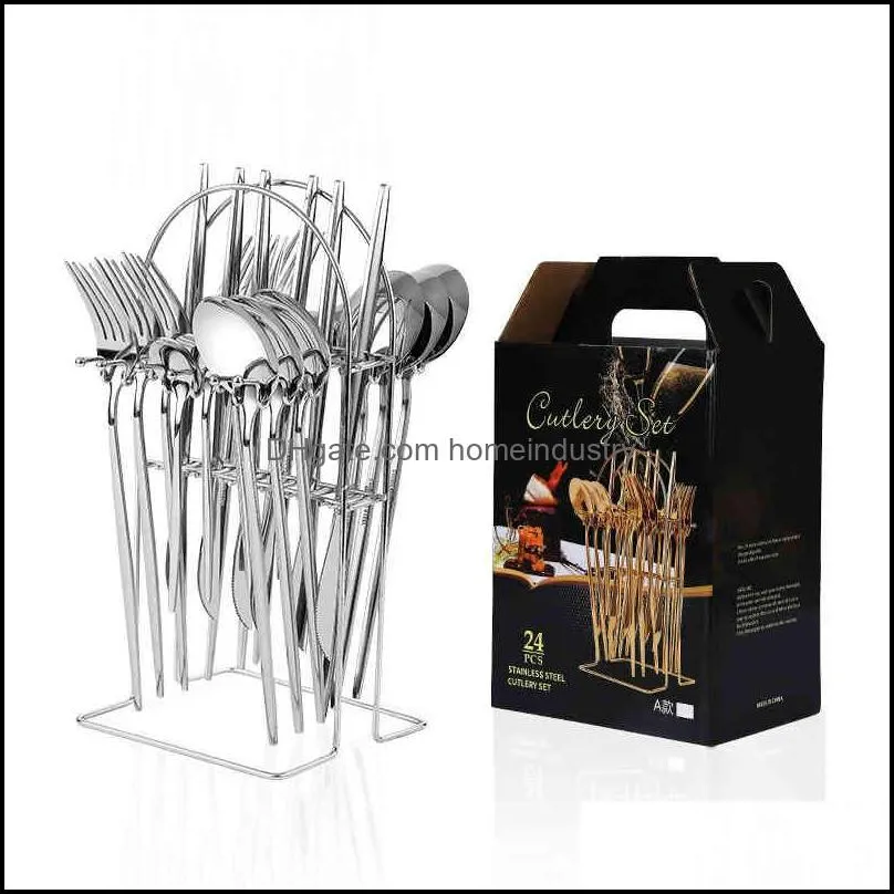 stainls steel tableware 24 piece set portugue wtern steak knife, fork, spoon tableware rack gift box set