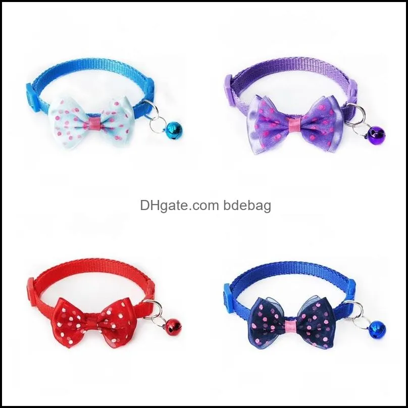 durable pet cats necklace with bell dot printig round polyester fiber puggy decorative bow ties pet collar high quality 1 15sr e1