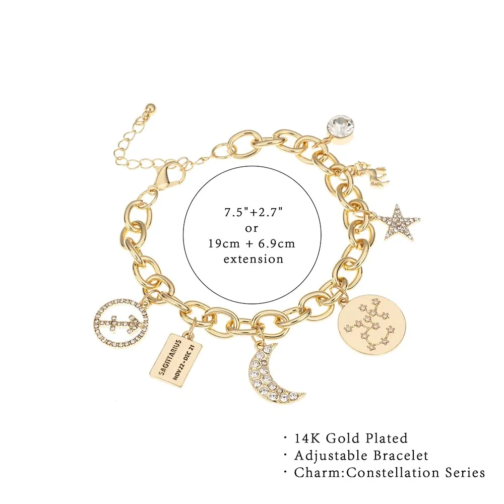 personalization collection gold plated zodiac constellation symbol, name plate, moon, constellation, star, and stone charm chain bracelet for women