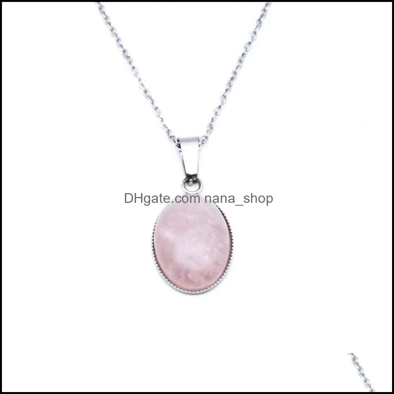 fashion oval stone pendant style pink green black crystal stainless steel necklace for women jewelry