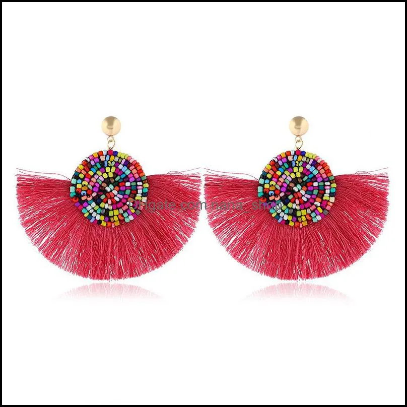 women`s artificial colored beads semicircular fringed bohemian long pendant fan-shaped tassel earrings 7 color mixed batch 12 pieces