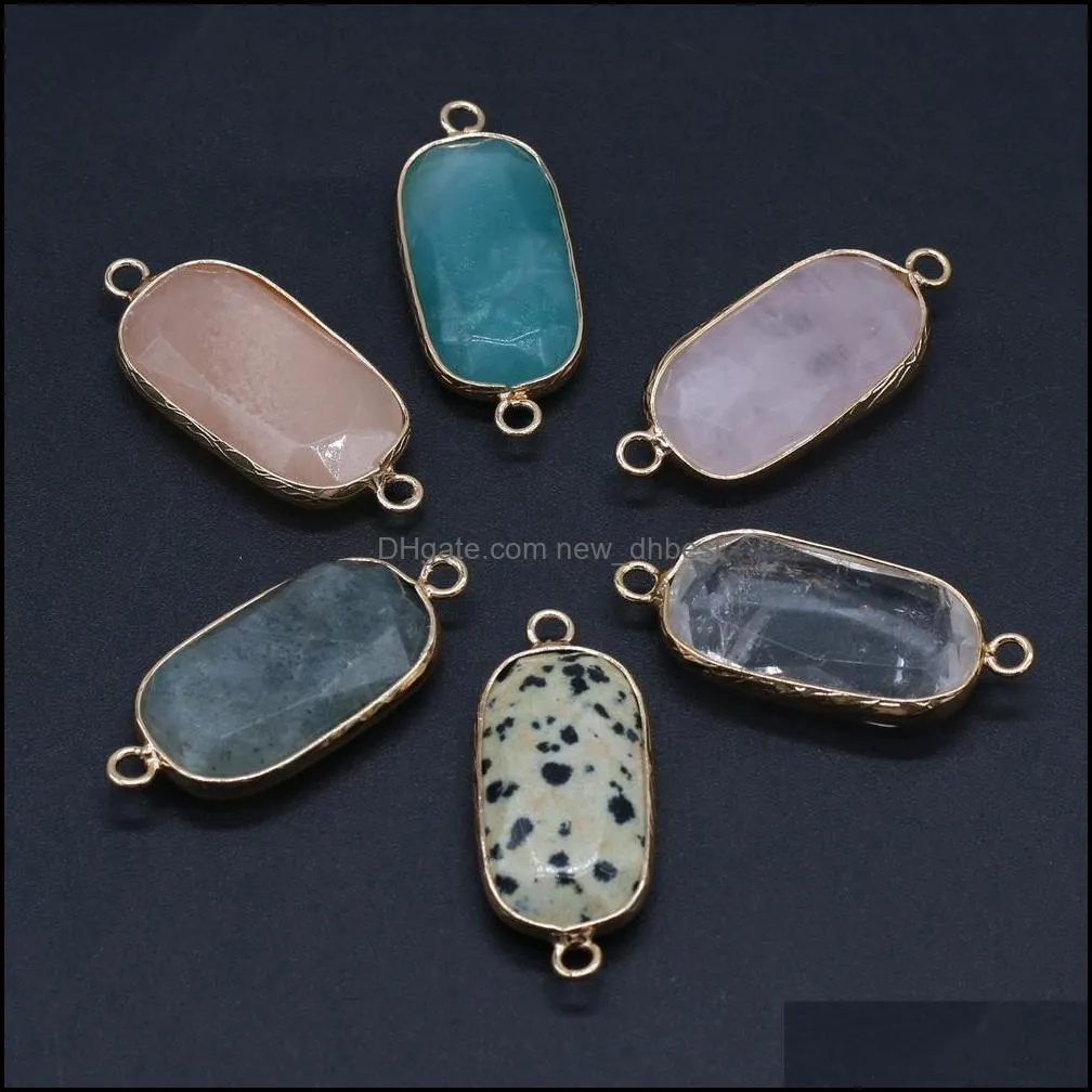 healing natural stone rectangle rose quartz faceted connector pendant double ear connectors for necklace bracelet jewelry making