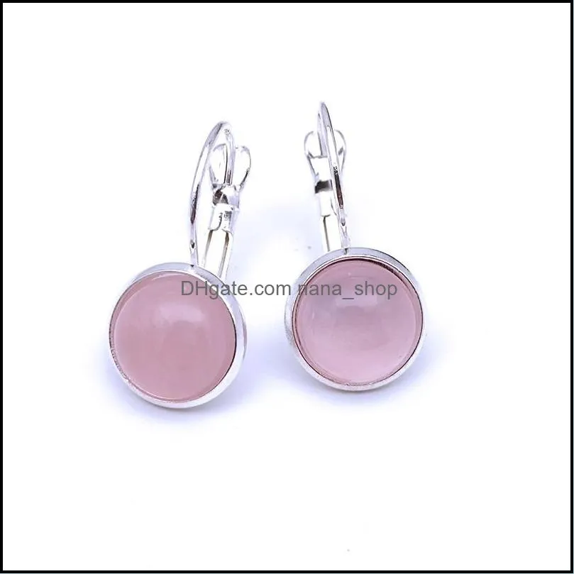 silver plated 10mm pink rose quartz healing crystal charms earrings geometric natural stone earring for women jewelry