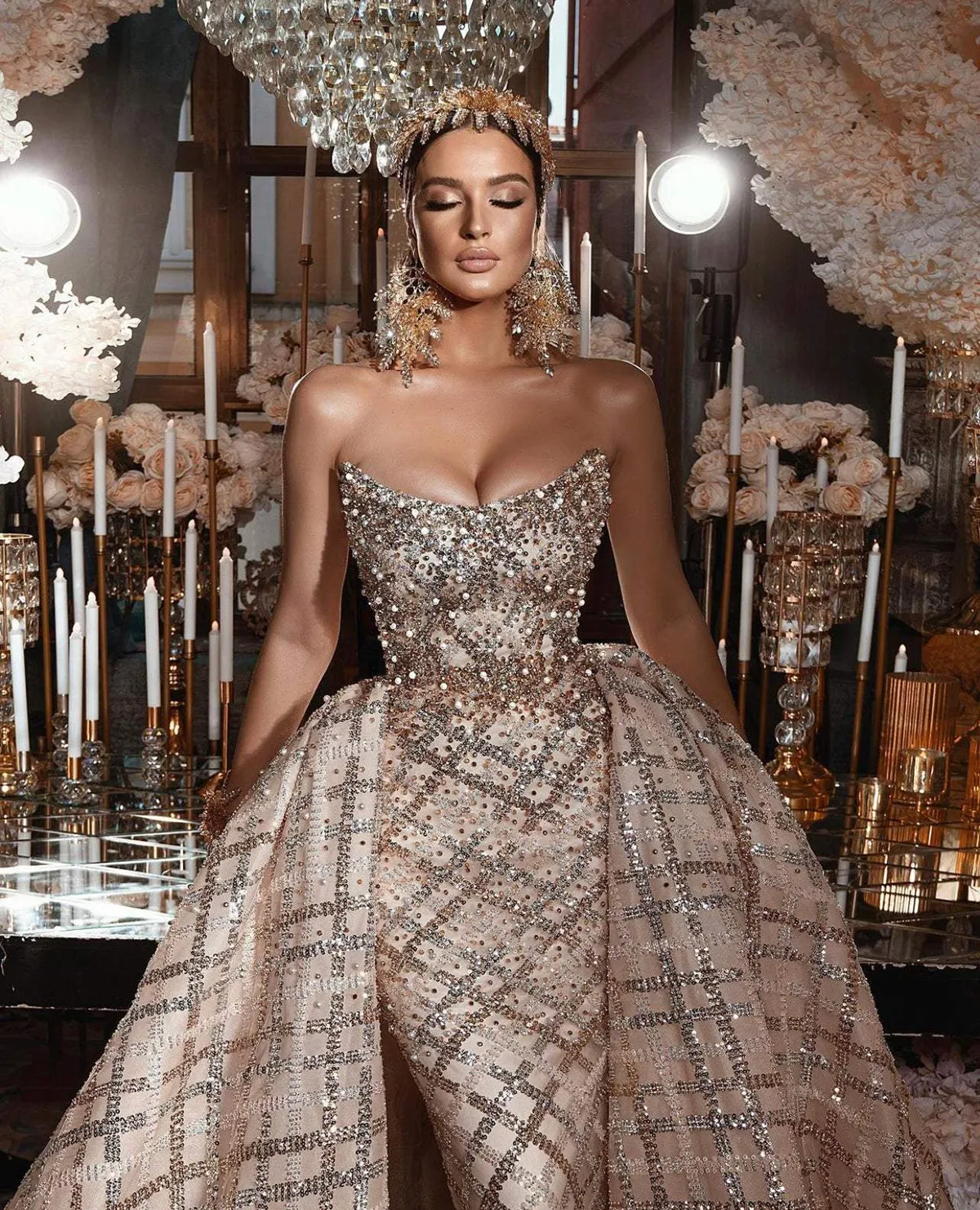 Exquisite Strapless Mermaid Wedding Dress Beads Crystal Lace Arabic Detachable Train Trumpet Bridal Gowns Robe De Soiree