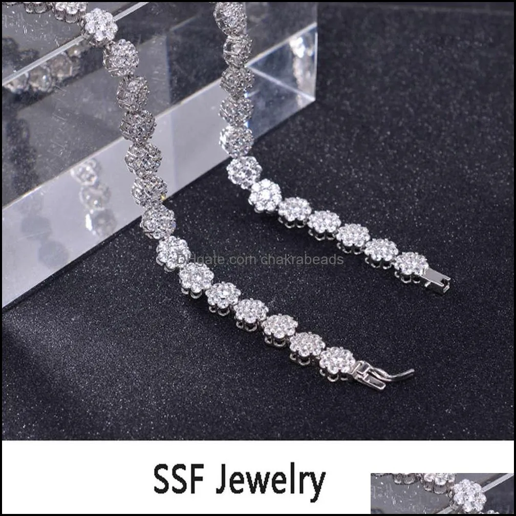 5mm clustered rose white gold plated 925 sterling sier iced diamond cz flower tennis chain necklace