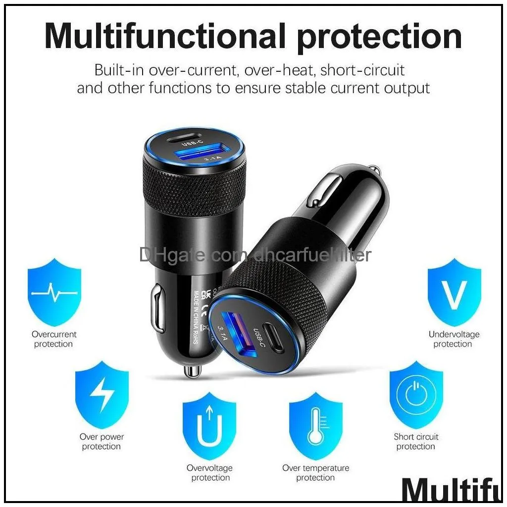 usb quick car charger 15w 3.1a type c pd fast charging phone car adapter for 13 12 11 pro max samsung  honor