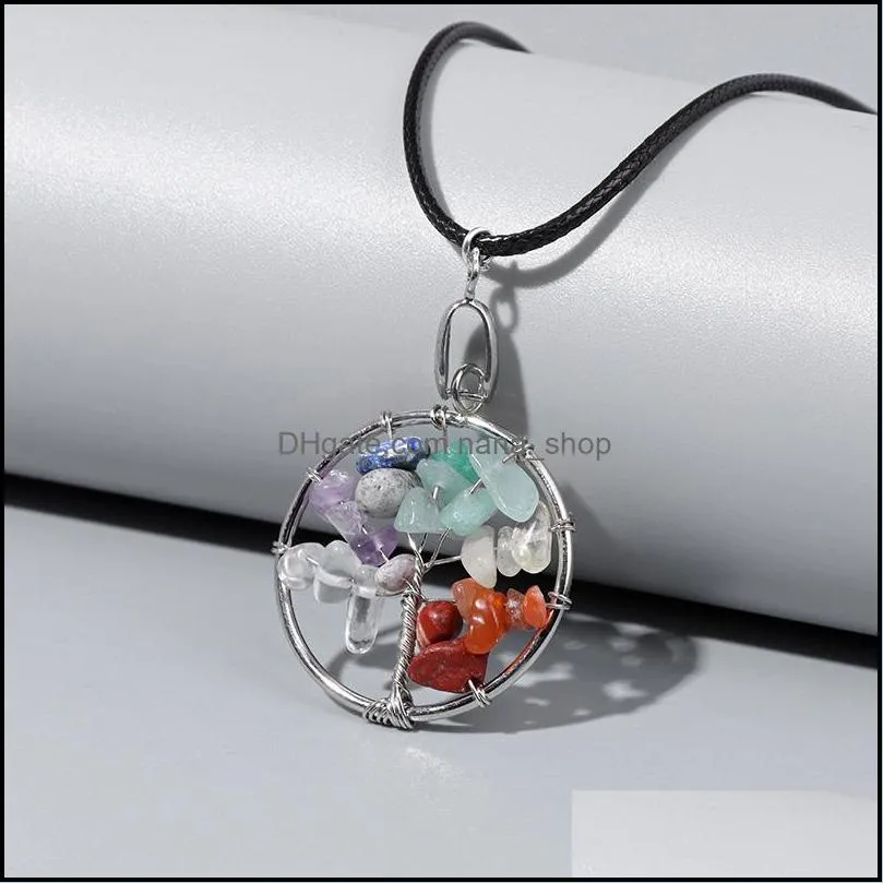 round tree of life pendant necklace 7 chakra amethysts quartz agates necklace leather chain necklaces women jewelry elegant gift