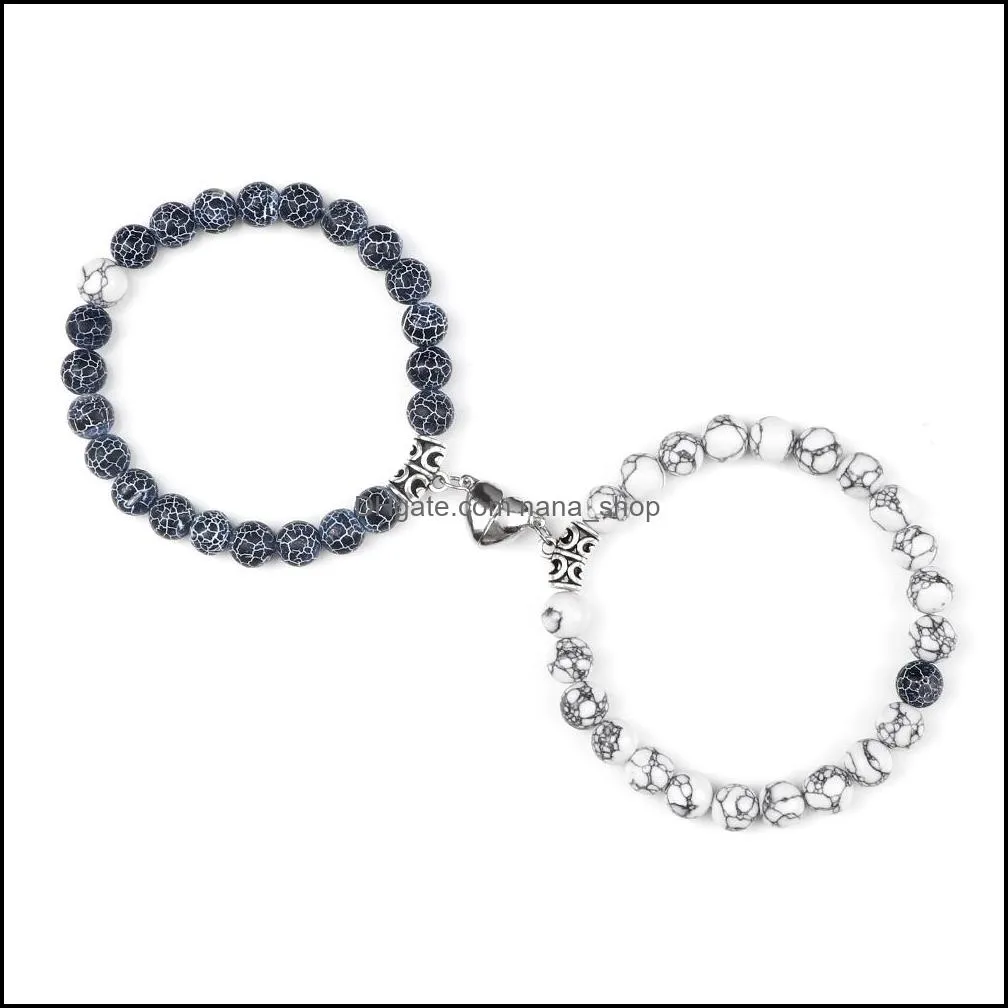2pcs/set romantic heart magnet pendant bracelets 8mm weathered stone bangles jewelry couple handmade strench pulsera