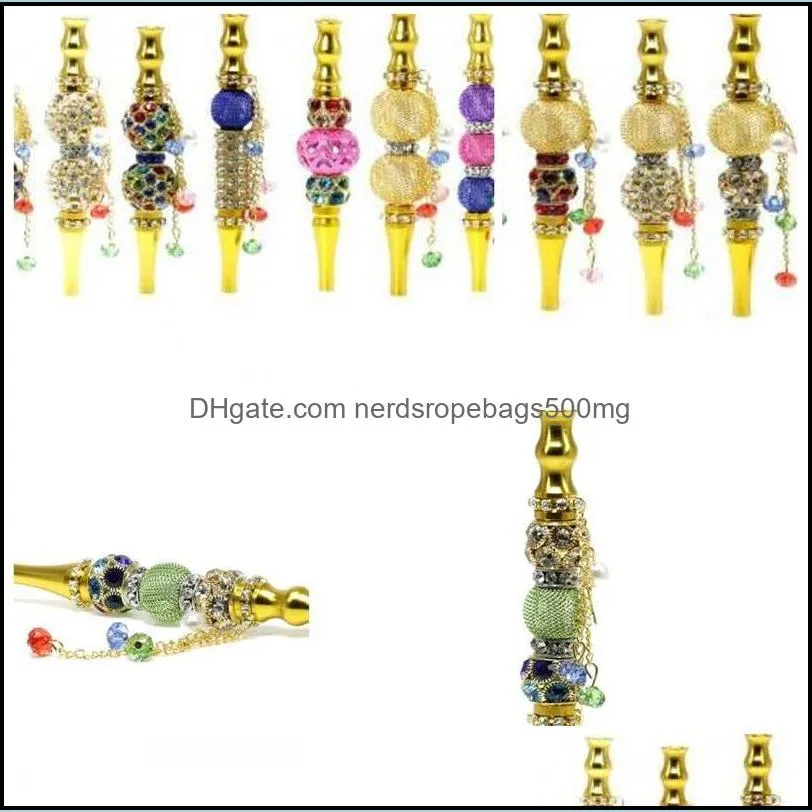 metal straight hookah shisha inlay beads rhinestone pendant cigarette holder multi color nozzle plated gold smoking pipes 14 5mt g2