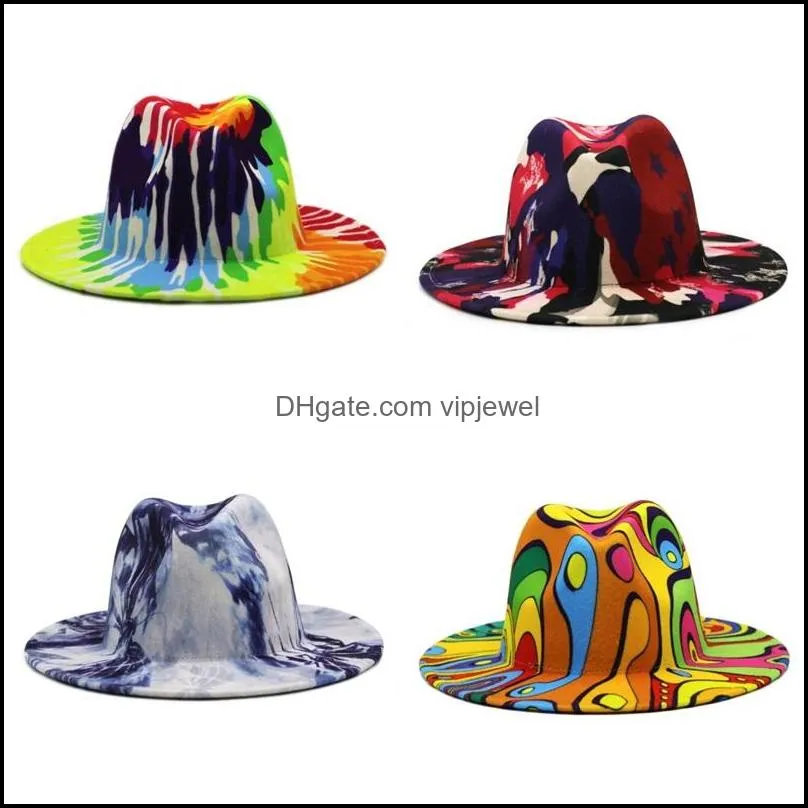 2021 colorful tie dye felt jazz hats women faux wool fedora hat wide brim panama style party formal chapeau gambler cap 855 r2