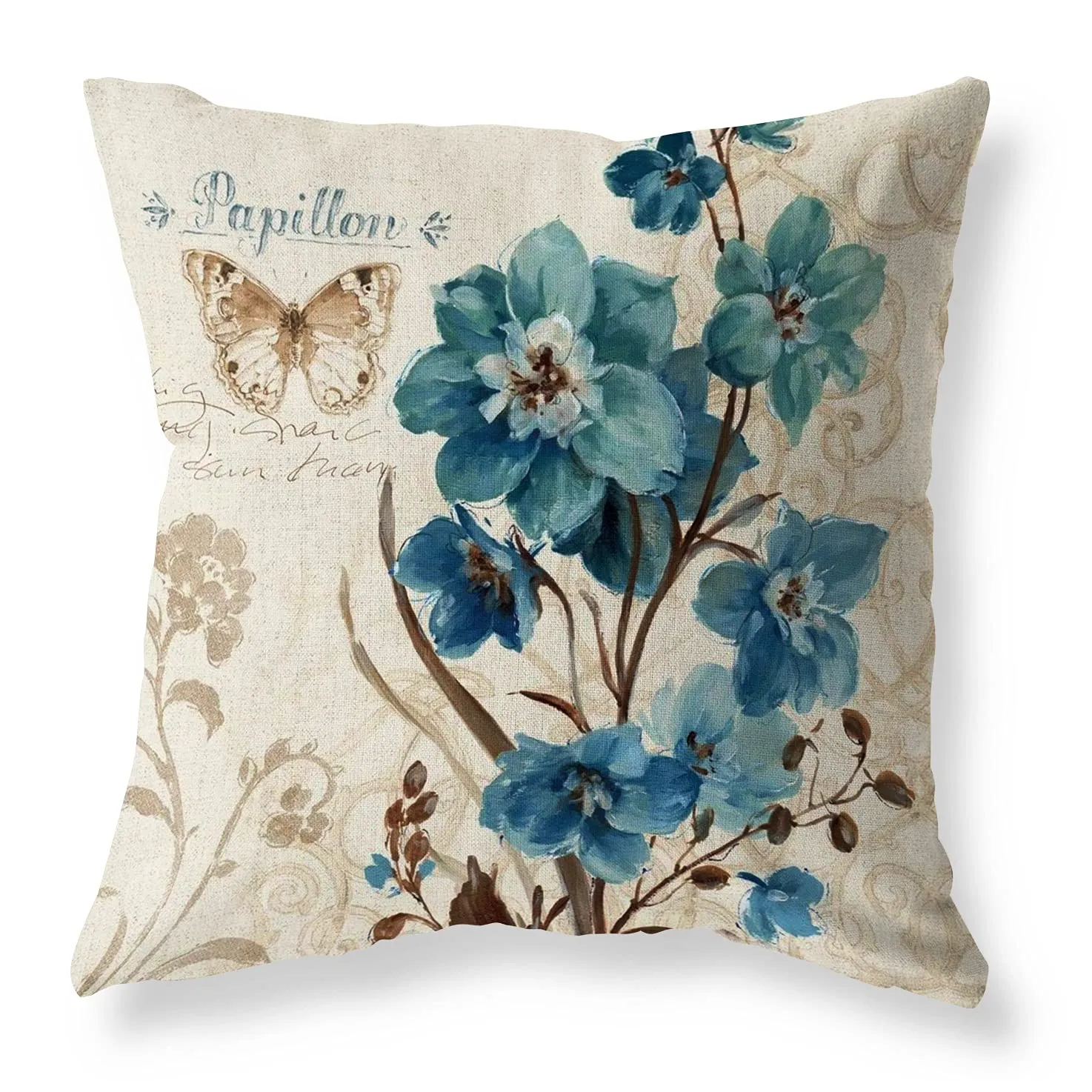 set of 4 farmhouse blue flower throw pillow covers 18x18 inch orchid butterfly cotton linen floral cushion case outdoor sofa throw pillows cover for couch living room bed indoors home decor