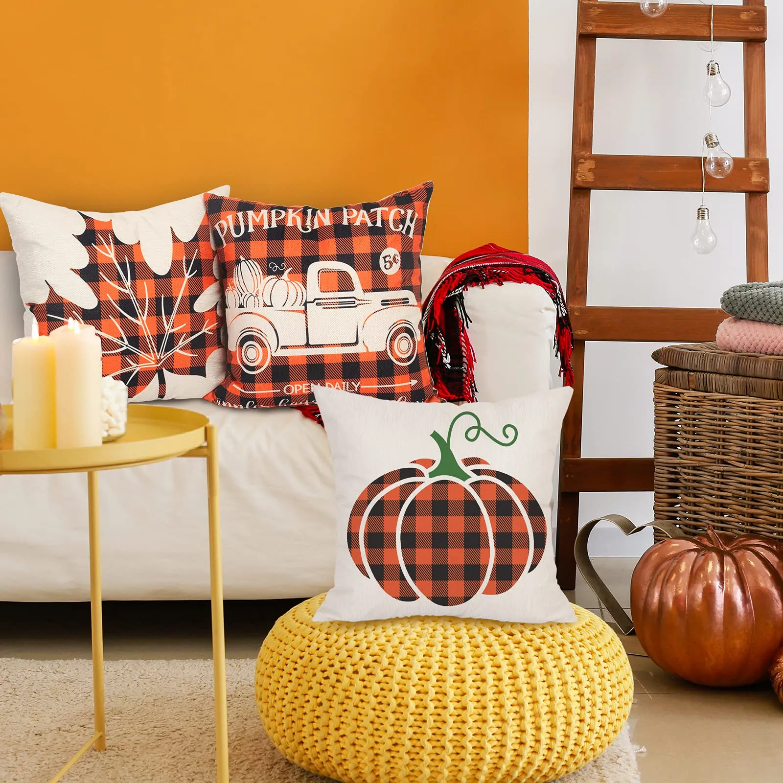 fall pillow covers 18x18 inch set of 4 thanksgiving teal throw pillowcase farmhouse decorative autumn watercolor pumpkin short plush cushion for home decor… (orange)