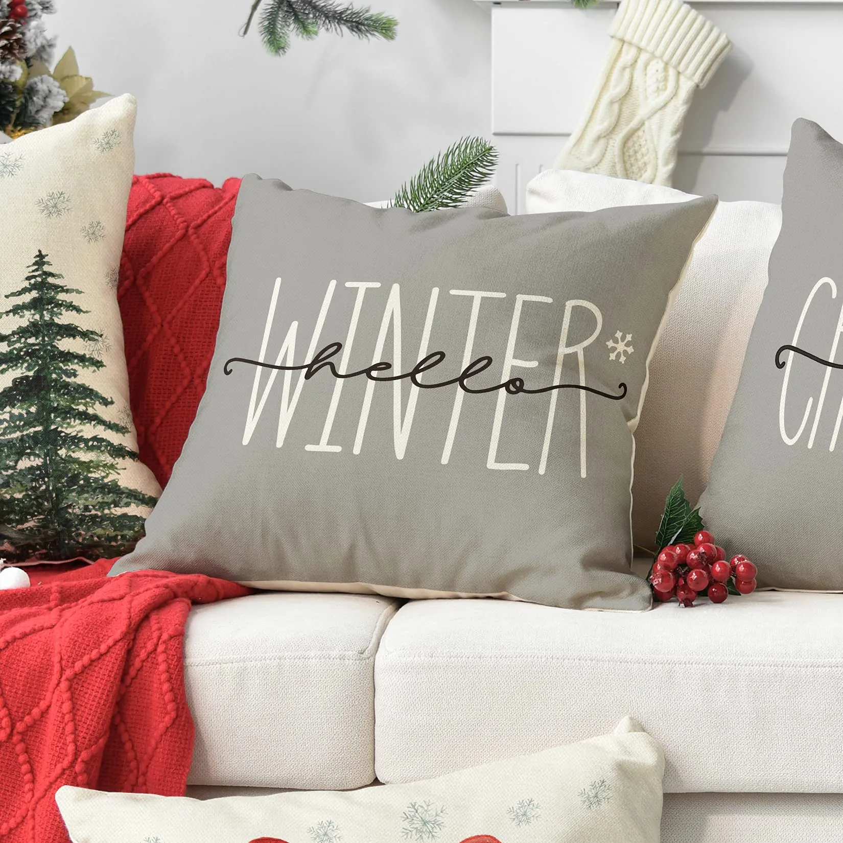 merry christmas tree hello winter throw pillow covers, 18 x 18 inch mistletoe pine spruce holiday cushion case decoration for sofa couch set of 4