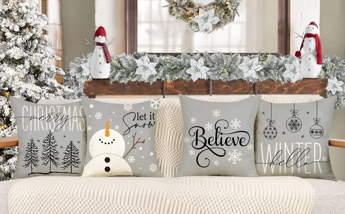 gray christmas pillow covers 18x18 set of 4 farmhouse christmas decorations merry tree let it snow believe snow hello winter holiday decor throw cushion case for home couch s22c08