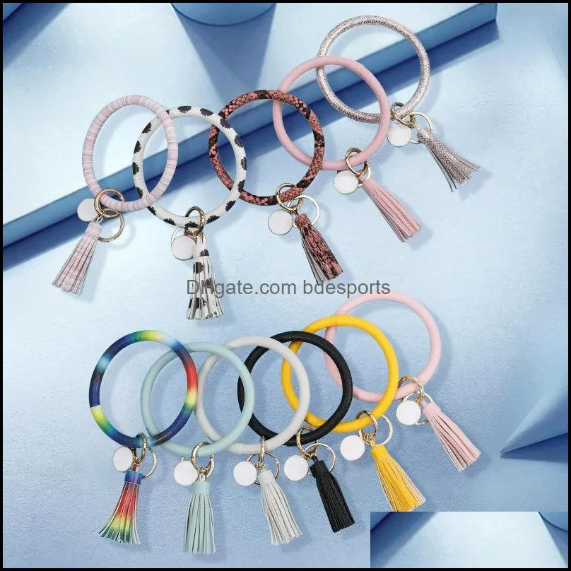 PU Leather Wrap Wristbands Key Chains Rainbow Color Bracelet Keys Ring Tassel Charms Bangles Buckles Hot Selling 10 5cha L1