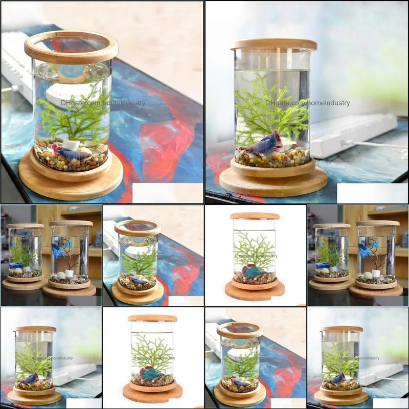 1pcs glass betta fish tank bamboo base mini fish tank decoration accessories rotate decoration fish bowl aquarium accessories y200917