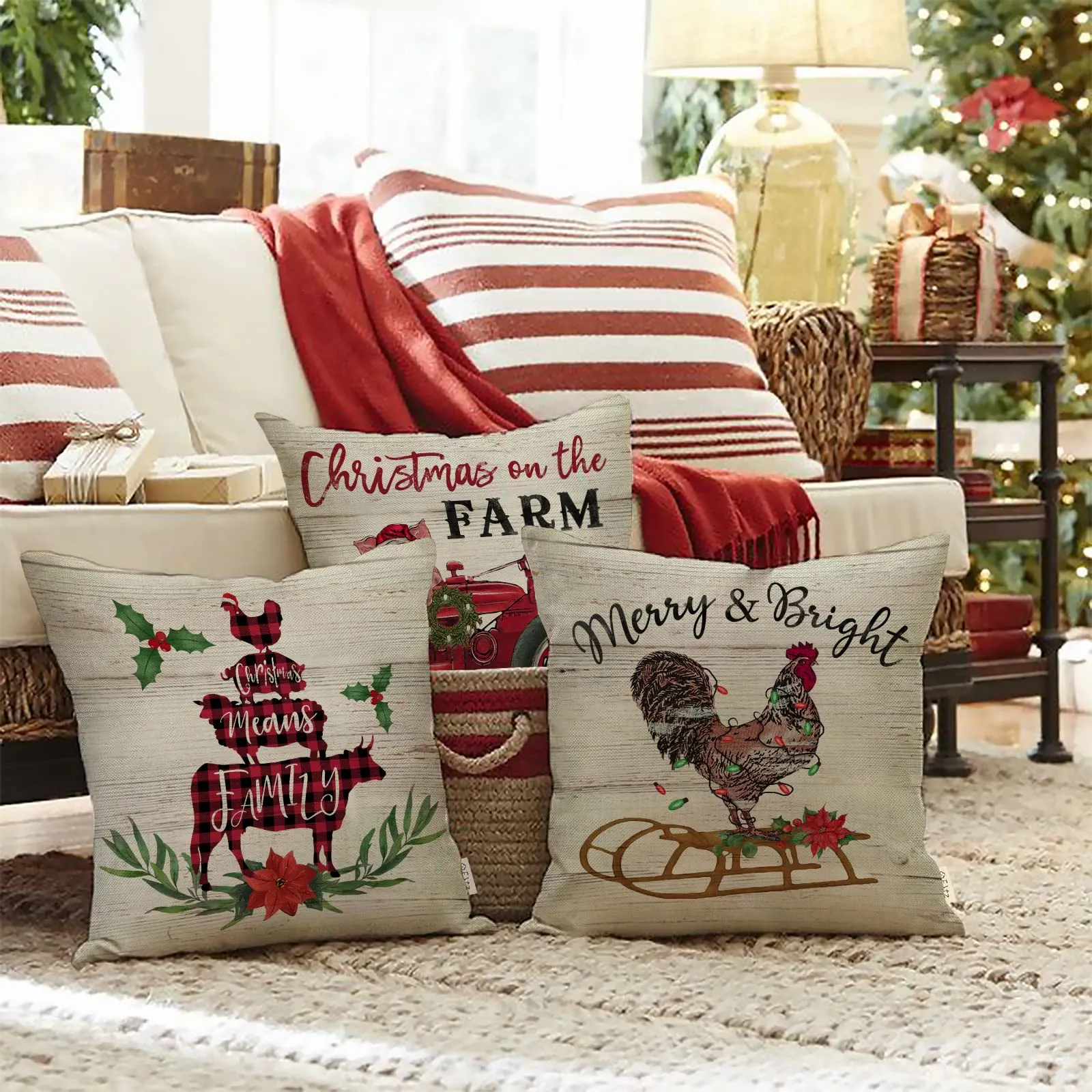 christmas farm farmhouse decorative throw pillow cover set of 4, xmas tree animals merry bright red tractor porch patio home decor, winter holiday rooster  plaid couch cushion case 18 x 18