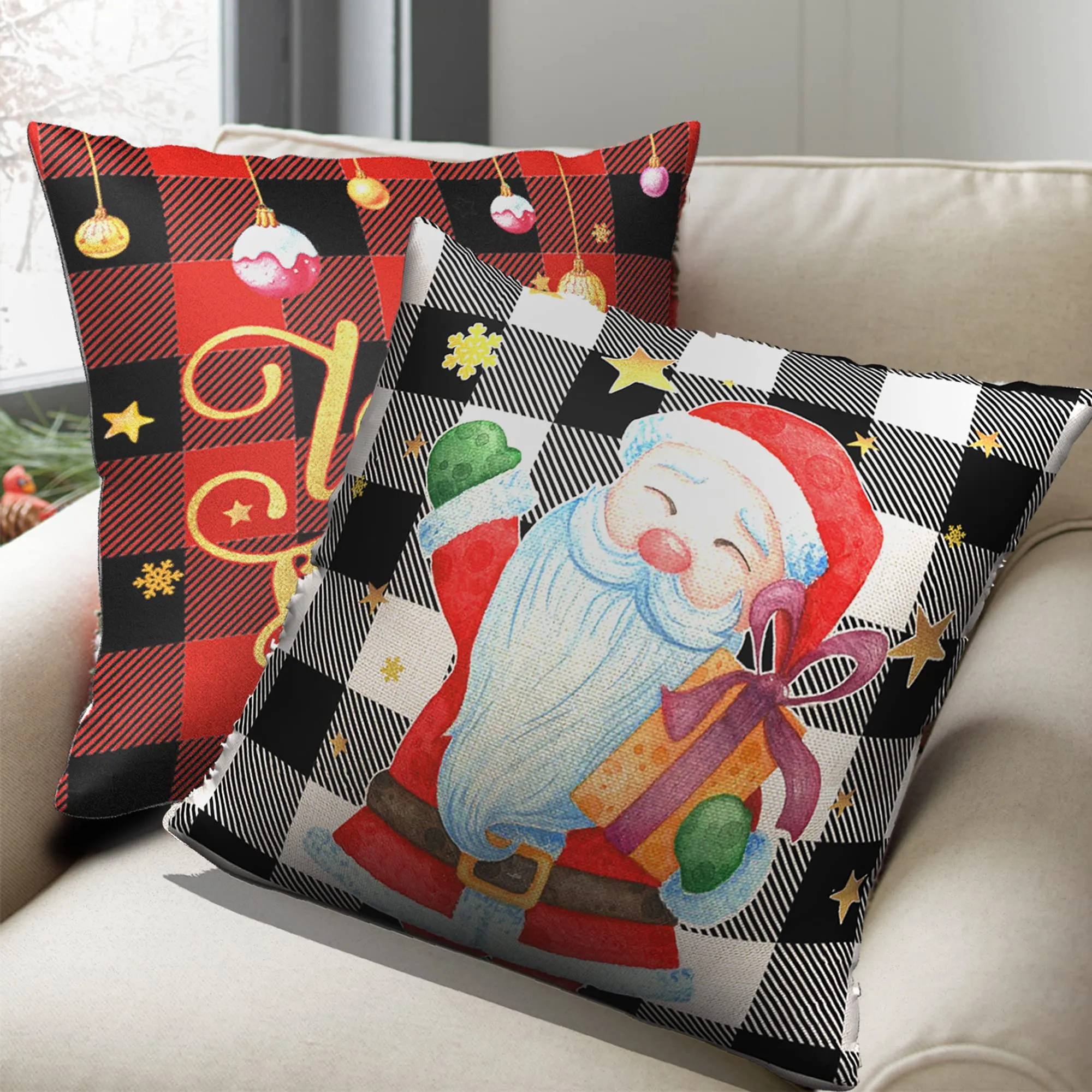 christmas pillow covers  plaid christmas pillow covers 18x18 set of 4, black red christmas decorations, decorative christmas throw pillow covers, winter holiday pillowcase with santa claus deer