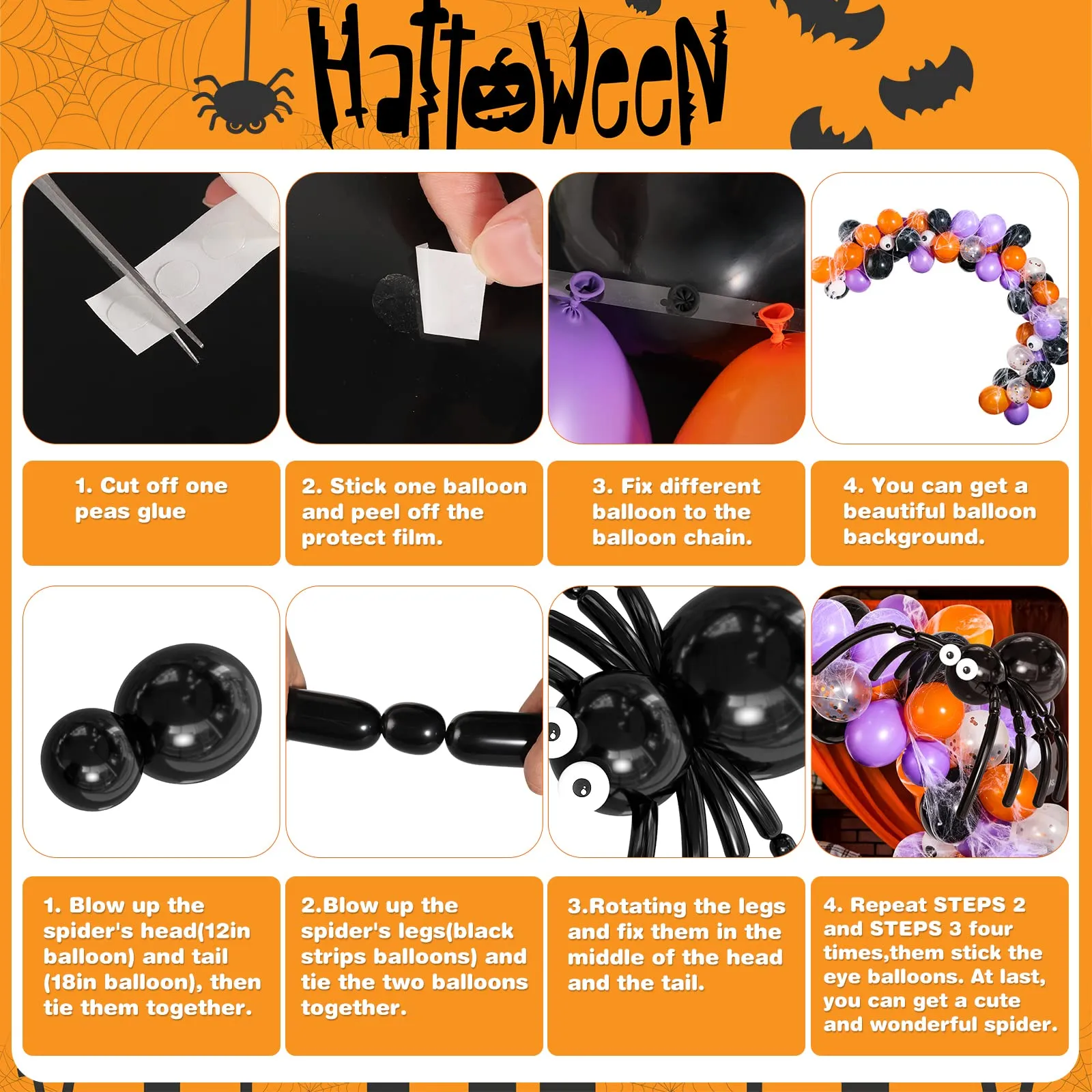 halloween balloon arch garland kit, balloon bouquet kit, latex balloons for halloween decorations, balloon tie tools, balloon strip tape, adhesive dots for halloween party